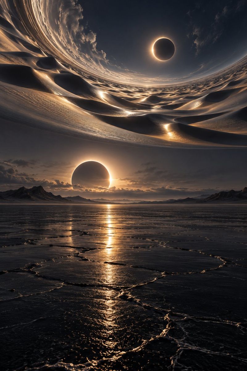 Planet space astronomy universe cosmic celestial star galaxy solar eclipse outer night sky lovers wallpaper poster decor surreal landscape with two celestial bodies in the sky. The larger celestial body, likely a planet, is setting on the horizon, casting a warm, golden glow across the scene. The sky is a deep blue, with wispy clouds scattered throughout. The foreground features a vast, icy expanse, possibly a frozen ocean, with intricate patterns and ripples in the ice. The horizon line is sharp, and the distant mountains are silhouetted against the setting sun. The overall atmosphere is serene and otherworldly, with a sense of vastness and tranquility.