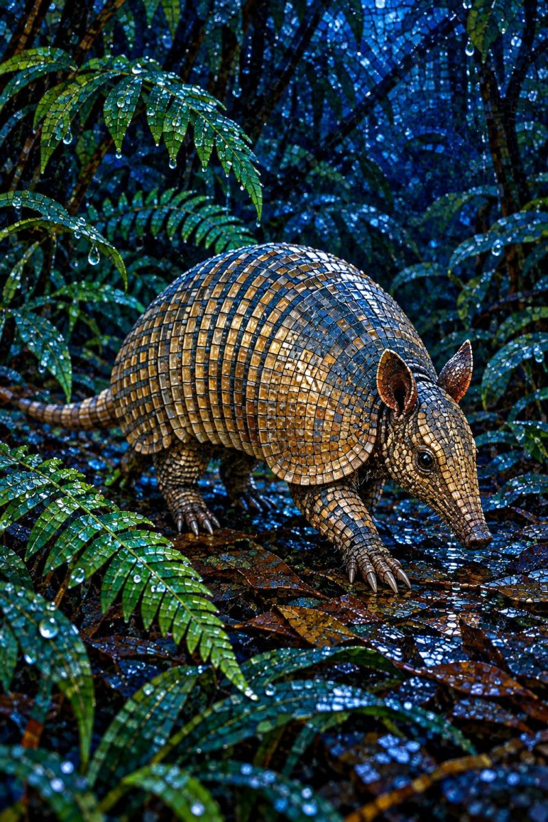 Animal armour armoured creature skin tail texture tortoise turtle An armadillo with a mosaic-like shell of brown, blue, and green tiles is walking through a lush, green forest. The armadillo's shell is intricately detailed, with each tile adding to the overall texture and pattern. The forest is dense with large, green leaves and a misty atmosphere, with water droplets hanging from the leaves. The armadillo's head is turned slightly to the right, and its eyes are focused on something in the distance. The background is a mix of blue and green hues, creating a serene and natural setting.