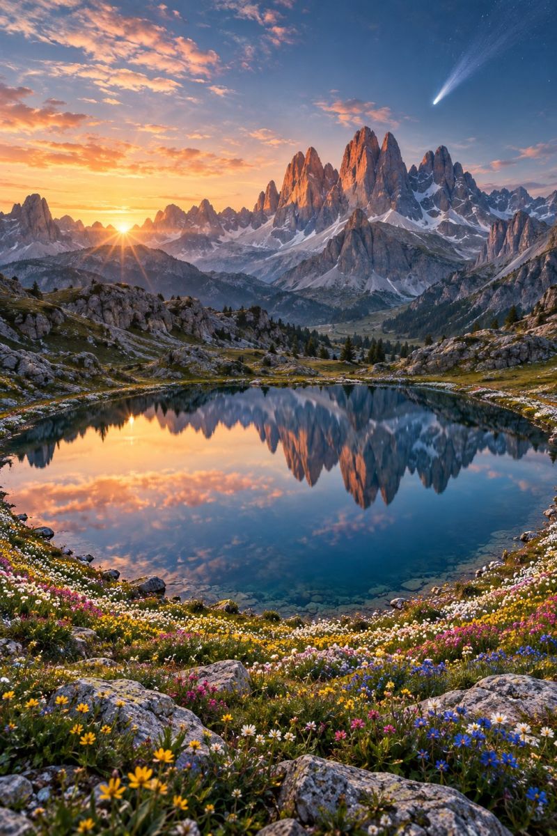 Aube lac dolomites image photographie magnifique prise précise montrant les méfaits sauvage des activités humaines sur la biodiversité sur la aube lac des dolomites
