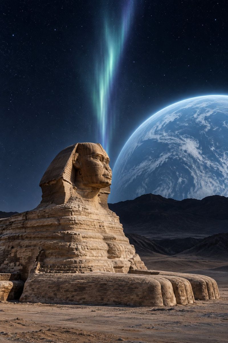 Ancienne architecture astronomie batiment culture desert egypte mythologie statue temple tombe L'image représente le Grand Sphinx de Gizeh, une statue monumentale avec une tête humaine et un corps de lion, située dans un paysage désertique. Le sphinx est représenté avec une expression sereine et son corps est partiellement recouvert de sable. À l'arrière-plan, il y a une grande planète rougeoyante, probablement la Terre, avec une aurore boréale d'un vert vif qui s'étend dans le ciel. Le ciel est sombre, rempli d'étoiles, et la scène se déroule sur fond de montagnes lointaines. L'atmosphère générale est mystique et surnaturelle, mêlant architecture égyptienne ancienne et éléments futuristes.