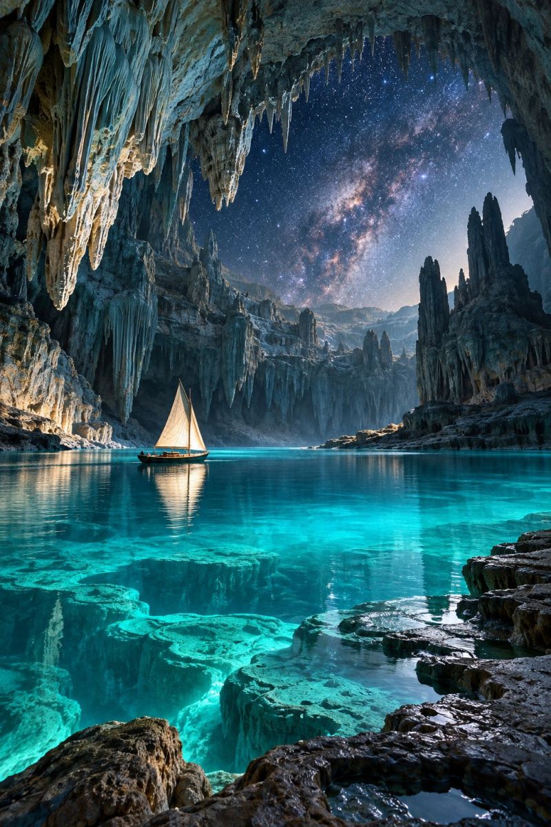 Bateau eau lac grotte rocher ciel nuit etoile reflet mer montagne marin Au centre de l'image, un petit voilier flotte sur un lac turquoise serein. Le lac est entouré de falaises rocheuses escarpées qui s'élèvent abruptement depuis le bord de l'eau. Les falaises sont ornées de stalactites suspendues au plafond en forme de grotte, illuminé par un ciel étoilé. Le ciel est d'un bleu profond, parsemé d'innombrables étoiles, et la Voie lactée s'étend à l'horizon, ajoutant une touche magique à la scène. L'eau reflète le ciel et les rochers environnants, créant un effet miroir. L'atmosphère générale est paisible et surnaturelle, comme si le lac était un joyau caché dans un paysage fantastique.