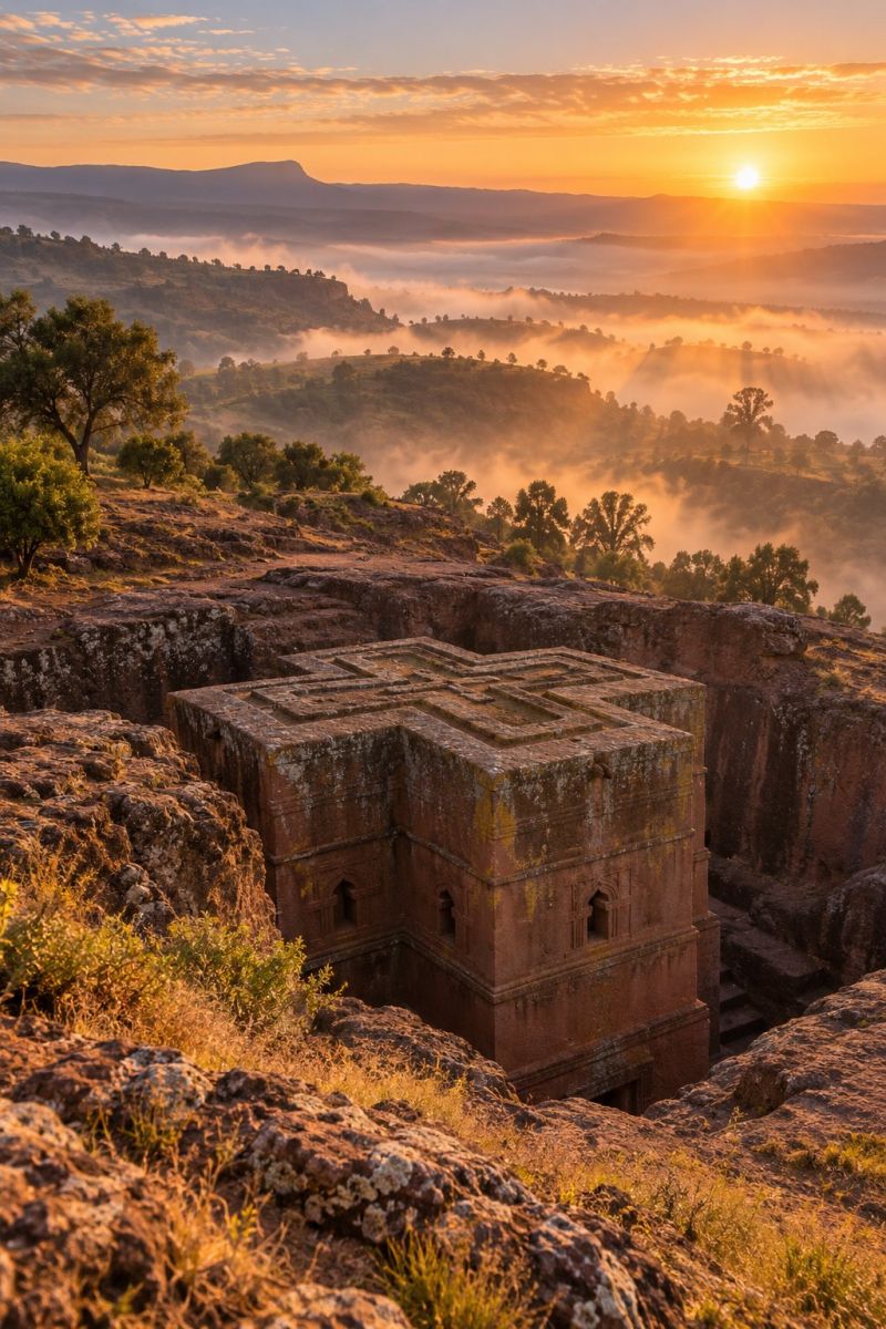 Ancien architecture batiment grotte eglise campagne culture destination ethiopie foi histoire montagne nature air religion rocher coucher soleil voyag L'image capture un coucher de soleil à couper le souffle sur un paysage montagneux. Au premier plan, il y a une ancienne structure en pierre, peut-être une église, sculptée dans le flanc de la montagne. La structure présente un motif en croix sur son toit et est entourée d'un terrain accidenté et rocheux. Le ciel est un dégradé chaud d'orange et de rose, le soleil se couchant derrière une chaîne de montagnes lointaine. La vallée en contrebas est remplie de brouillard, créant une atmosphère mystique. Les arbres et les arbustes parsèment le paysage, ajoutant à l'ambiance sereine et historique.
